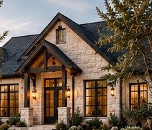 Natural stone home with a dark roof