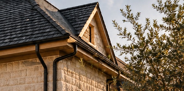 Dark roofing and natural stone at golden hour